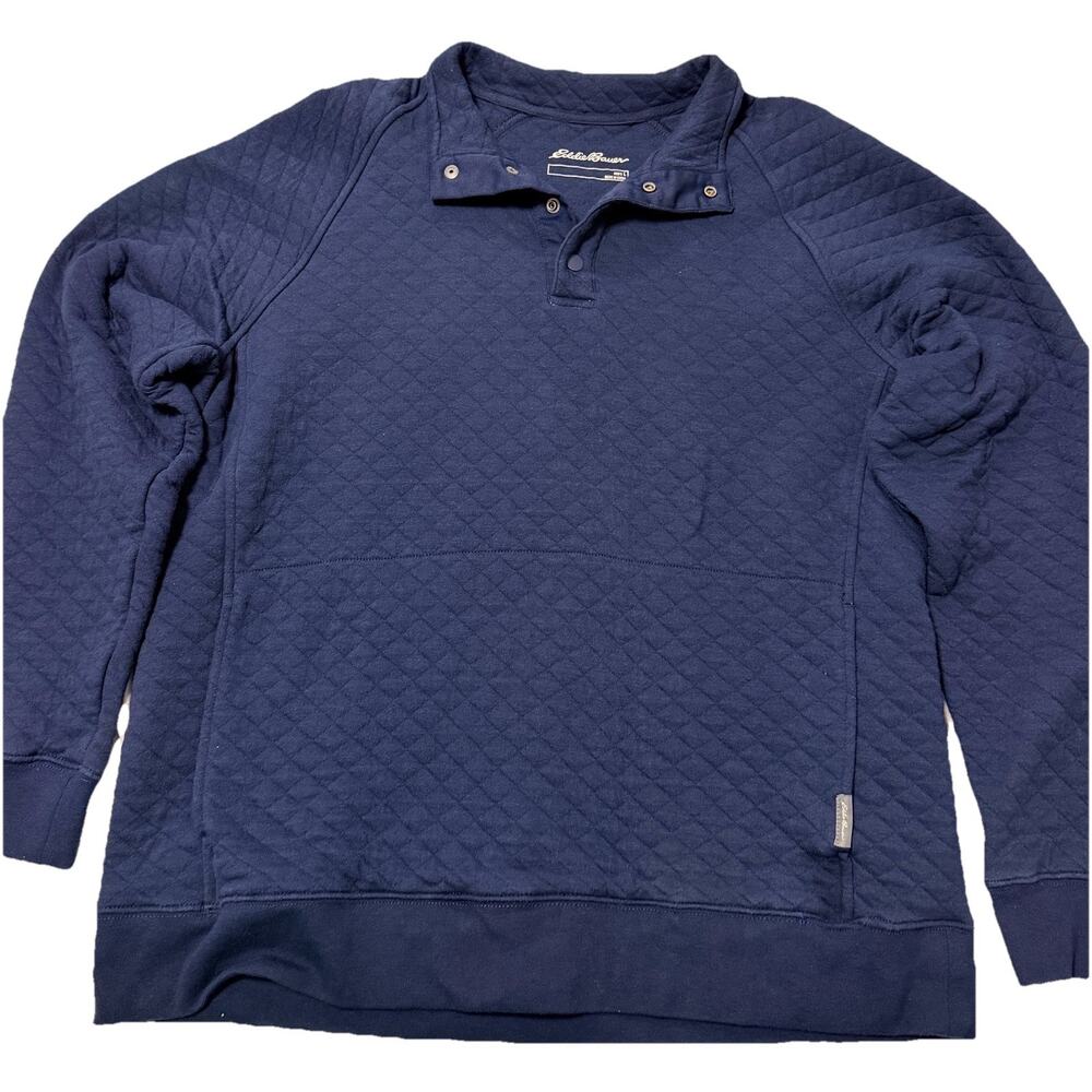 Eddie Bauer Quilted Pullover Sweater Men’s Large Blue Snap Collar Jacket Sweater
